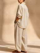 Women Striped Linen Matching Set, Oversized Button Down Shirt & Loose Wide Leg Pants Casual Two Piece Outfit ZMZ1196H5YZH
