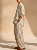 Women Striped Linen Matching Set, Oversized Button Down Shirt & Loose Wide Leg Pants Casual Two Piece Outfit ZMZ1196H5YZH