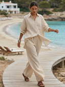 Women Striped Linen Matching Set, Oversized Button Down Shirt & Loose Wide Leg Pants Casual Two Piece Outfit ZMZ1196H5YZH