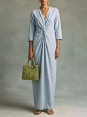 Women's Solid-Color Cotton-Linen V-Neck Twist-Front Maxi Dress ZMZ1058H2XT