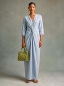 Women's Solid-Color Cotton-Linen V-Neck Twist-Front Maxi Dress ZMZ1058H2XT