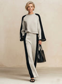 Women's Stylish Color-Block Cotton Long-Sleeve Top And Pants Two-Piece Set ZMZ1109H3SWL