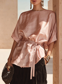 Women's Satin Batwing Sleeve Tie-Waist Five-Sleeve Shirt ZMZ1044H3XT