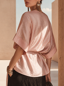 Women's Satin Batwing Sleeve Tie-Waist Five-Sleeve Shirt ZMZ1044H3XT