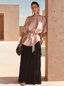 Women's Satin Batwing Sleeve Tie-Waist Five-Sleeve Shirt ZMZ1044H3XT
