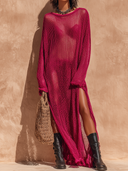 Women's Retro Casual Cotton Yarn Knit Hollow-out Round Neck Long Sleeve Maxi Dress ZMZ1149H2ZJY
