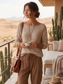 Women Loose Knit Sweater, Boat Neck Textured Long Sleeve Casual Slouchy Pullover Top ZMZ1153H2YZH