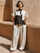Women's Stand-up Collar Short-sleeved Color-blocked Linen Shirt ZMZ1038H1XT