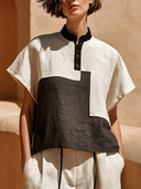 Women's Stand-up Collar Short-sleeved Color-blocked Linen Shirt ZMZ1038H1XT