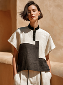 Women's Stand-up Collar Short-sleeved Color-blocked Linen Shirt ZMZ1038H1XT
