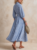Women Gingham Midi Shirt Dress, Ruffled Stand Collar 3/4 Puff Sleeve Belted Flowy Long Dress With Pockets ZMZ1154H8YZH