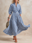 Women Gingham Midi Shirt Dress, Ruffled Stand Collar 3/4 Puff Sleeve Belted Flowy Long Dress With Pockets ZMZ1154H8YZH