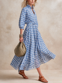 Women Gingham Midi Shirt Dress, Ruffled Stand Collar 3/4 Puff Sleeve Belted Flowy Long Dress With Pockets ZMZ1154H8YZH
