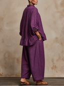 Women Linen Two Piece Outfit, Ruffle Neck Half Button Peplum Blouse & Wide Leg Loose Pants Casual Matching Set ZMZ1108H5YZH
