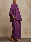 Women Linen Two Piece Outfit, Ruffle Neck Half Button Peplum Blouse & Wide Leg Loose Pants Casual Matching Set ZMZ1108H5YZH