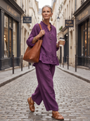 Women Linen Two Piece Outfit, Ruffle Neck Half Button Peplum Blouse & Wide Leg Loose Pants Casual Matching Set ZMZ1108H5YZH