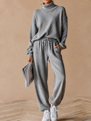 Women's Vintage Casual Cotton-Knit Mock-Neck Long-Sleeve Top And Pants Set ZMZ1190H9ZJY