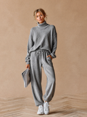 Women's Vintage Casual Cotton-Knit Mock-Neck Long-Sleeve Top And Pants Set ZMZ1190H9ZJY