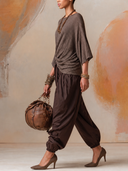 Women Twist Front Ribbed Top & Harem Jogger Pants Two Piece Outfit, Casual Loose Matching Set ZMZ1171H6YZH
