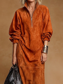 Women's American Retro Casual Stand Collar, Zipper, And Long Sleeves Faux Suede Midi Dress ZMZ1180H1ZYY