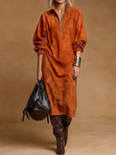 Women's American Retro Casual Stand Collar, Zipper, And Long Sleeves Faux Suede Midi Dress ZMZ1180H1ZYY