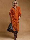 Women's American Retro Casual Stand Collar, Zipper, And Long Sleeves Faux Suede Midi Dress ZMZ1180H1ZYY