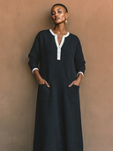 Women's Classic Casual Ribbed Henley Neck Multi-Pocket Long-Sleeve Loose Maxi Dress ZMZ1138H1ZYY