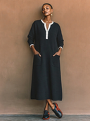 Women's Classic Casual Ribbed Henley Neck Multi-Pocket Long-Sleeve Loose Maxi Dress ZMZ1138H1ZYY