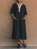 Women's Classic Casual Ribbed Henley Neck Multi-Pocket Long-Sleeve Loose Maxi Dress ZMZ1138H1ZYY