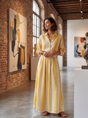 Women Yellow Striped Print Set, Long Sleeve Button Down Shirt & High Waist Maxi Skirt Two Piece Outfit With Pockets ZMZ1171H5YZH