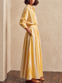 Women Yellow Striped Print Set, Long Sleeve Button Down Shirt & High Waist Maxi Skirt Two Piece Outfit With Pockets ZMZ1171H5YZH