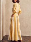 Women Yellow Striped Print Set, Long Sleeve Button Down Shirt & High Waist Maxi Skirt Two Piece Outfit With Pockets ZMZ1171H5YZH