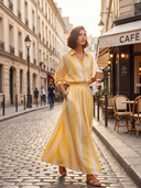 Women Yellow Striped Print Set, Long Sleeve Button Down Shirt & High Waist Maxi Skirt Two Piece Outfit With Pockets ZMZ1171H5YZH