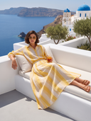 Women Yellow Striped Print Set, Long Sleeve Button Down Shirt & High Waist Maxi Skirt Two Piece Outfit With Pockets ZMZ1171H5YZH