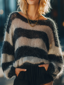 Women's Retro Casual Mohair Crew Neck Loose Striped Pullover Sweater ZMZ1117H9ZJY