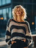 Women's Retro Casual Mohair Crew Neck Loose Striped Pullover Sweater ZMZ1117H9ZJY