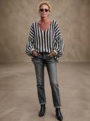 Women's Classic Casual Vertical-Stripe U-Neck Lantern-Sleeve Sweater ZMZ1005H7ZYY