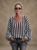 Women's Classic Casual Vertical-Stripe U-Neck Lantern-Sleeve Sweater ZMZ1005H7ZYY
