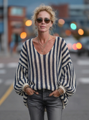 Women's Classic Casual Vertical-Stripe U-Neck Lantern-Sleeve Sweater ZMZ1005H7ZYY