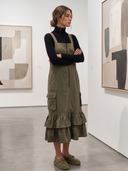 Women Cargo Overall Midi Dress, Front Zip Ruffle Hem Sleeveless Pinafore Dress With Multi Pockets ZMZ1157H0YZH