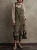 Women Cargo Overall Midi Dress, Front Zip Ruffle Hem Sleeveless Pinafore Dress With Multi Pockets ZMZ1157H0YZH