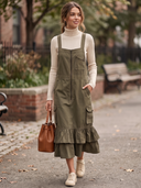Women Cargo Overall Midi Dress, Front Zip Ruffle Hem Sleeveless Pinafore Dress With Multi Pockets ZMZ1157H0YZH