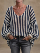 Women's Classic Casual Vertical-Stripe U-Neck Lantern-Sleeve Sweater ZMZ1005H7ZYY