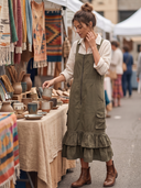 Women Cargo Overall Midi Dress, Front Zip Ruffle Hem Sleeveless Pinafore Dress With Multi Pockets ZMZ1157H0YZH