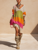 Women's Fashionable Color-Block V-Neck Long-Sleeve Sweater Dress ZMZ1111H5SWL
