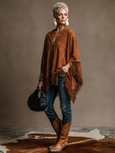 Women's Vintage Western-Style Faux Suede V-Neck Pullover Cape Jacket ZMZ1196H3ZYY