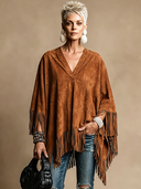 Women's Vintage Western-Style Faux Suede V-Neck Pullover Cape Jacket ZMZ1196H3ZYY