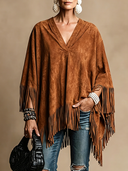 Women's Vintage Western-Style Faux Suede V-Neck Pullover Cape Jacket ZMZ1196H3ZYY