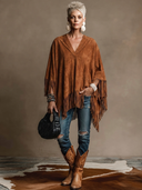 Women's Vintage Western-Style Faux Suede V-Neck Pullover Cape Jacket ZMZ1196H3ZYY