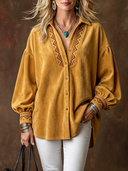 Women's Vintage Western-Style Embroidered Faux Suede Lapel Collar Long-Sleeve Shirt ZMZ1148H5ZYY